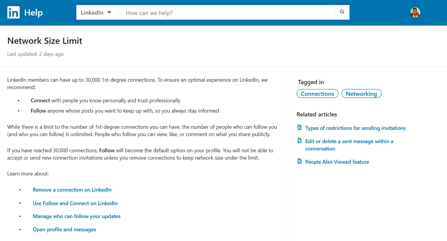 image of linked in support page