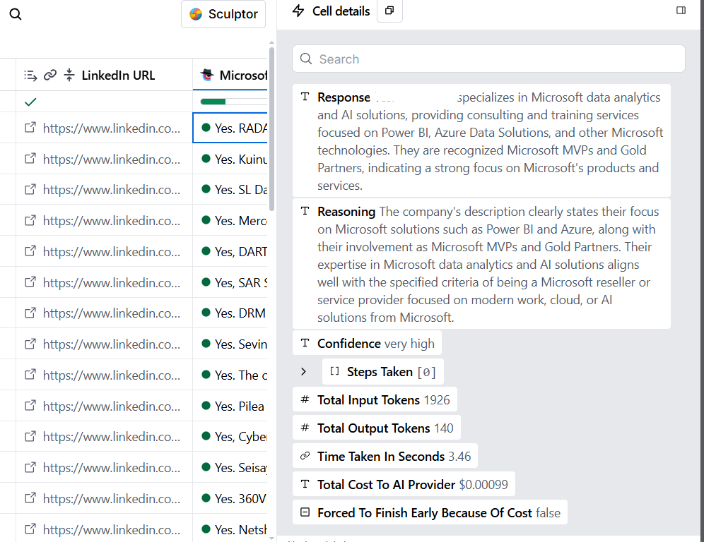 A Clay AI agent researching an account: response, reasoning, confidence and cost per row